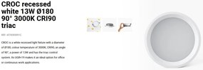 Spot LED incastrabil recessed white 13W 18cm 90 grade 3000K CRI90 triac