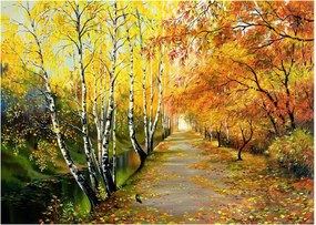 Tablou pe sticlă - Alee romantică de-a lungul apei, pictură în ulei (70x50 cm)