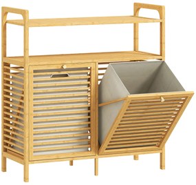 HOMCOM Mobilier pentru Rufe de Baie cu 2 Compartimente Basculante, 82L, Suport pentru Rufe Murdare din Bambus cu Coșuri Detașabile și Lavabile și 2 Rafturi, pentru Spălătorie și Baie, 82x33x88 cm, Culoare Lemn | Aosom Romania