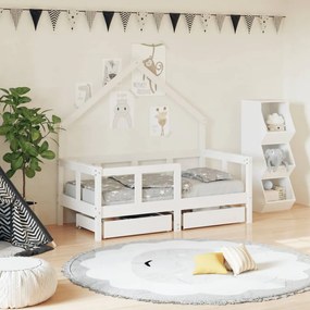 834541 vidaXL Cadru de pat copii cu sertare, alb, 70x140 cm, lemn masiv pin