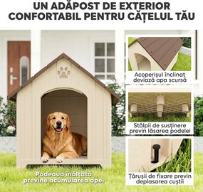 PawHut Căsuță pentru câini de talie medie și mare, ridicată, cu acoperiș înclinat, guri de aerisire și cuie, căsuță din PP, 88x78x89 cm, Bej și Maro Închis | Aosom Romania