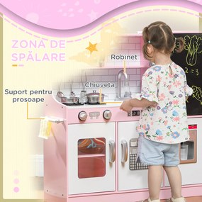 AIYAPLAY Bucătărie de Jucărie din Lemn pentru Copii 3-8 Ani cu Accesorii Roz | Aosom Romania