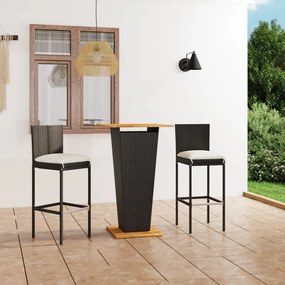 Set mobilier bar de gradina cu perne, 3 piese, negru, poliratan Negru, Lungime masa 60 cm, 3
