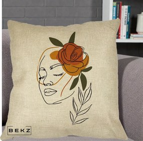 Perna Decorativa Portret Feminin Trandafir Ruginiu, 40x40 cm, Crem, Husa Detasabila, Perna Inclusa, BEKZ®