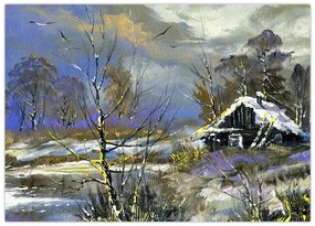 Tablou pe sticlă -Cabane într-un peisaj de iarnă, pictură în ulei (70x50 cm)