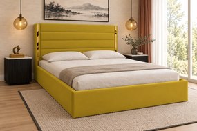 Pat tapițat din catifea Veyra 120×200 cm, galben muștar, detalii aurii, cu ladă de depozitare