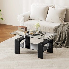 HOMCOM Măsuță de Cafea Modernă cu 2 Nivele din Lemn și Oțel cu Blat din Sticlă Temperată, 90x50x42 cm, Negru | Aosom Romania