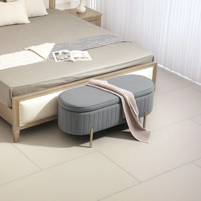 HOMCOM Bancă de Depozitare pentru Intrare Ovală 72L cu Design Scanalat, Capac Ridicabil și Șezut Capitonat, Bancă de la Capătul Patului Pouf în Catifea și Picioare de Lemn de Pin, 108x44x43.5 cm, Gri | Aosom Romania