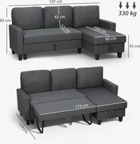HOMCOM Canapea Extensibilă cu 3 Locuri cu Șezlong și Spațiu de Depozitare, 197x129x85 cm, Gri Închis | Aosom Romania