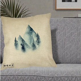Perna Decorativa Munti Inzapeziti Acuarela Indigo, 40x40 cm, Crem, Husa Detasabila, Perna Inclusa, BEKZ®