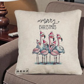 Perna Decorativa Flamingo Merry Christmas, 40x40 cm, Bej Canapea, Husa Detasabila, Perna Inclusa, BEKZ®
