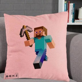 Perna Personalizata Minecraft Steve cu Tarnacop, 40x40 cm, Roz, Husa Detasabila, Perna Inclusa, BEKZ®