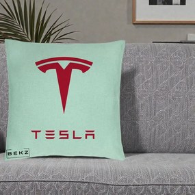 Perna Personalizata cu emblema Tesla, 40x40 cm, Verde Menta, Husa Detasabila, Perna Inclusa, BEKZ®