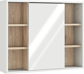 HOMCOM Dulap cu Oglinda din MDF si PAL, Dulap de Baie cu 3 Rafturi Laterale si Raft Interior Reglabil, 60x14.5x49.4 cm, Alb si Lemn Natur | Aosom RO