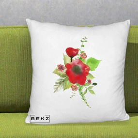 Perna Decorativa Buchet Rosu Acuarela, 40x40 cm, Alb Pufos, Husa Detasabila, Perna Inclusa, BEKZ®