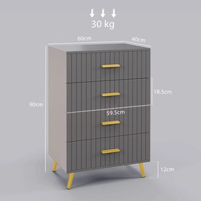 HOMCOM Comodă Modernă cu 4 Sertare, Unitate Sertar Depozitare cu Picioare din Aluminiu, 60x40x90 cm, Gri Închis