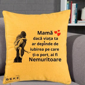 Cadou pentru Mama - Perna Personalizata Mama Nemuritoare Gravura Vintage, 40x40 cm, Galben, Husa Detasabila, Perna Inclusa, BEKZ®