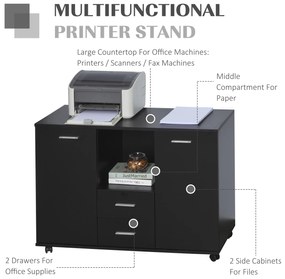 Vinsetto Dulap Mobil pentru Birou, Suport pentru Fax, Scanner, Imprimantă, cu 4 Roti, Design Modern, Negru | Aosom Romania