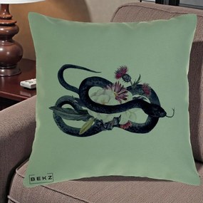 Perna Decorativa Sarpe Negru cu Flori Gothic, 40x40 cm, Verde, Husa Detasabila, Perna Inclusa, BEKZ®