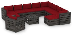 Set mobilier de gradina cu perne, 12 piese, gri, lemn tratat wine red and grey, 12