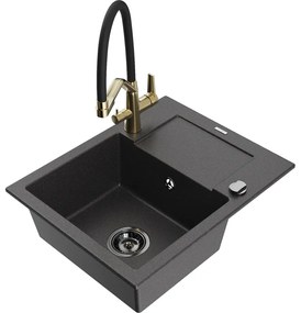 Mexen Enzo chiuvetă de granit cu un compartiment, cu picurător și baterie de bucătărie Duo, Negru cu picățele - 6506-76-671701-5