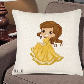 Perna Decorativa Printesa Bella Rochie Aurie, 40x40 cm, Crem Reliefat, Husa Detasabila, Perna Inclusa, BEKZ®