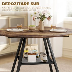 HOMCOM Masă de dining 4 locuri, 100 cm rotundă, bucătărie industrială, poliță de depozitare, maro rustic. | Aosom Romania