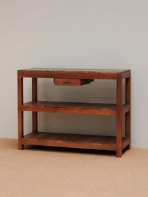 Consolă hol vintage din lemn reciclat, maro, cu blat din zinc, sertar și 2 rafturi, 93 x 122 x 46 cm, „Dara”