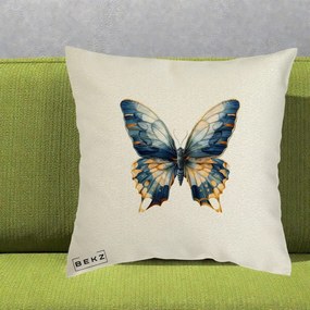 Perna Decorativa Fluture Albastru Auriu Elegant, 40x40 cm, Ecru, Husa Detasabila, Perna Inclusa, BEKZ®