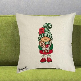 Perna Decorativa Gnom Craciun Verde cu Bomboane si Floare, 40x40 cm, Ecru, Husa Detasabila, Perna Inclusa, BEKZ®