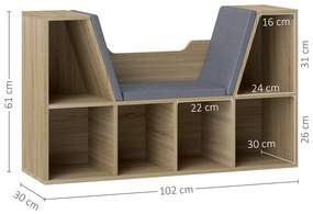 HOMCOM Bibliotecă Banc 2 în 1 Design Contemporan 6 casete 3 Perne Fornisite 102L x 30l x 61A cm Stejar Gri | Aosom Romania