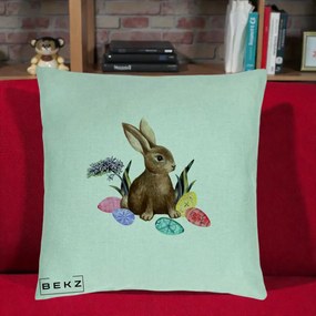 Perna Decorativa Iepuras cu Oua de Pasti Acuarela, 40x40 cm, Verde Menta, Husa Detasabila, Perna Inclusa, BEKZ®
