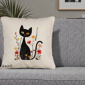 Perna Decorativa Pisica Neagra Ochi Galbeni Flori, 40x40 cm, Bej Canapea, Husa Detasabila, Perna Inclusa, BEKZ®