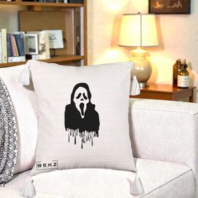 Perna Personalizata Halloween Ghostface Scream Picurand, 40x40 cm, Bej cu Franjuri, Husa Detasabila, Perna Inclusa, BEKZ®