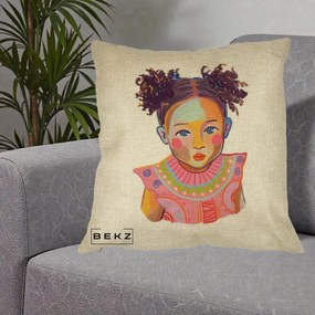 Perna Decorativa Fetita Vesela Portret Colorat, 40x40 cm, Crem, Husa Detasabila, Perna Inclusa, BEKZ®