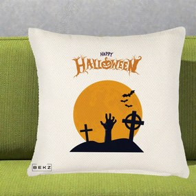 Perna Decorativa Happy Halloween Cimitir cu Luna, 40x40 cm, Crem Reliefat, Husa Detasabila, Perna Inclusa, BEKZ®