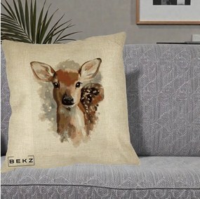 Perna Decorativa Caprioara Pui Acuarela, 40x40 cm, Crem, Husa Detasabila, Perna Inclusa, BEKZ®