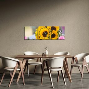 Tablou cu buchetul miresii de floarea soarelui (cu ceas) (90x30 cm)