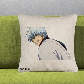 Perna Personalizata Gintama Gintoki Portret cu Zambet, 40x40 cm, Bej Canapea, Husa Detasabila, Perna Inclusa, BEKZ®