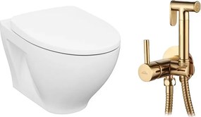 Pachet vas wc suspendat Cersanit Moduo, capac softclose si set dus igiena intima cu baterie incastrata Invena Bidetta auriu