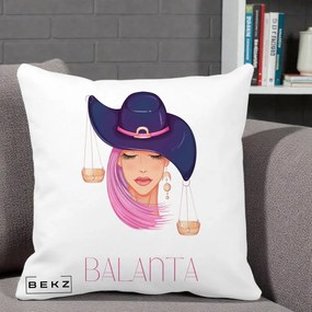 Perna Personalizata Zodiac Balanta Cowgirl, 40x40 cm, Alba Mata, Husa Detasabila, Perna Inclusa, BEKZ®