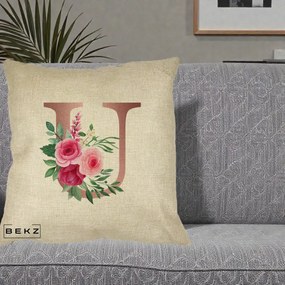 Cadou Personalizat - Perna Personalizata Monograma Rose Gold Litera U, 40x40 cm, Crem, Husa Detasabila, Perna Inclusa, BEKZ®
