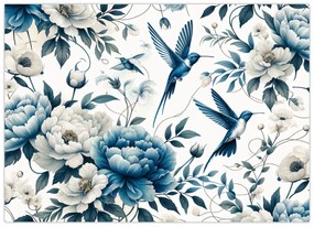 Tablou pe sticlă - Colibri cu flori (70x50 cm)
