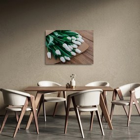 Tablou pe sticlă cu buchet de lalele albe (70x50 cm)