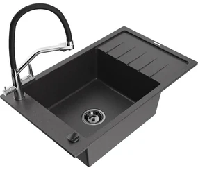 Mexen Elias chiuvetă de granit cu 1 compartiment cu picurător și baterie de bucătărie Duo, negru pătat - 6511-76-671701-07-B