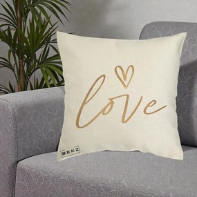 Perna Decorativa Love Caligrafie Aurie, 40x40 cm, Ecru, Husa Detasabila, Perna Inclusa, BEKZ®