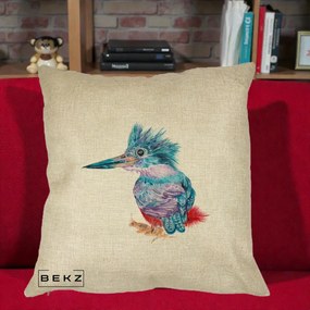 Perna Decorativa Pasare Martin Pescar Acuarela Albastru-Mov, 40x40 cm, Crem, Husa Detasabila, Perna Inclusa, BEKZ®