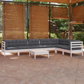 3096702 vidaXL Set mobilier de grădină cu perne, 8 piese, alb, lemn masiv pin