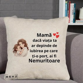 Cadou pentru Mama - Perna Personalizata Mama Nemuritoare cu Balon Inima, 40x40 cm, Bej Canapea, Husa Detasabila, Perna Inclusa, BEKZ®