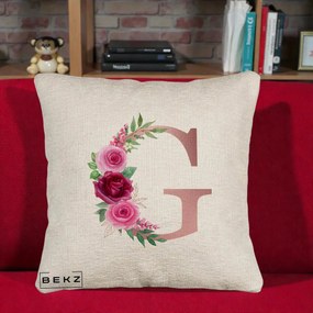 Cadou Personalizat - Perna Personalizata Monograma Rose Gold Litera G, 40x40 cm, Bej Canapea, Husa Detasabila, Perna Inclusa, BEKZ®